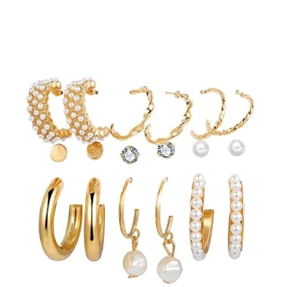 Combo 6 Pair Gold Plated Pearl Hoop Earrings