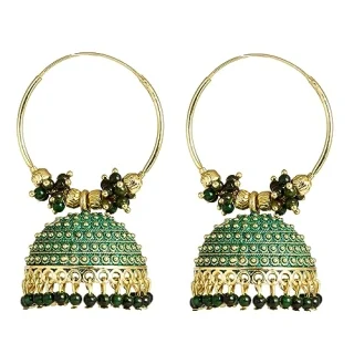 Gold Plated Dark Green Dome Shaped Hoop Earrings