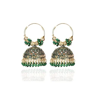 Gold Plated Green Stones Hoop Round Jhumkas