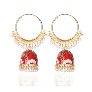 Gold Plated Red Meenakari Hoop Jhumkas