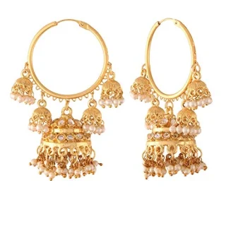 Golden Metal Gold Plated and Pearl Jhumki Earrings for Women
