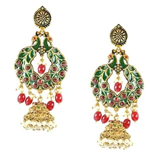 Heavy Stones Oxidized Silver Studded Peacock Style Golden Jhumki Earrings for Women
