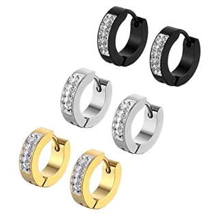 Hoop Earrings for Unisex Combo of 3 Pairs Stainless Steel Crystal Gold Silver Black
