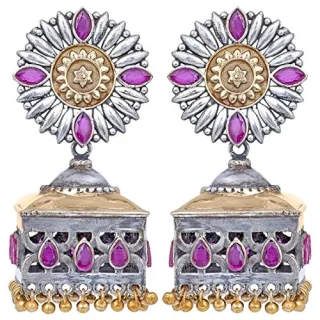 Indian Traditional German Silver Two Tone Stone Studded Sunflower Design Dangler jhumka