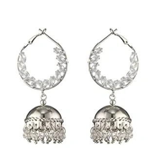 Leaf-Cut AD Studded Hoop Silver-Plated Jhumka Earrings