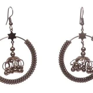 M.B. JEWELS Women's Oxidized Blackish Silver Round Hoop With Beautiful Centre Hanging