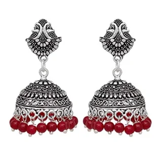 Maroon Beads Lovely Peacock Oxidised Silver Plated Jhumki Earring Jewellery For Girls