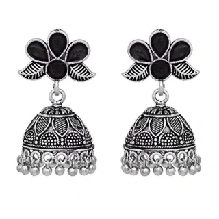 Meena Fashion Silver Oxidized Brass Metal Black Designer Jhumki Earring For Girls
