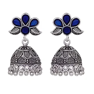 Meena Fashion Silver Oxidized Brass Metal Blue Designer Jhumki Earring For Girls
