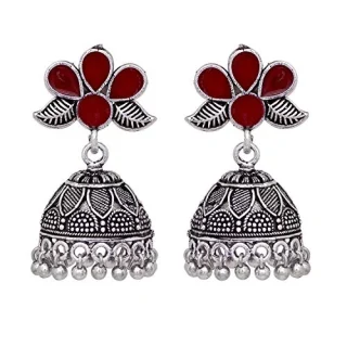 Meena Fashion Silver Oxidized Brass Metal Red Designer Jhumki Earring For Girls