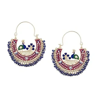 Multicolor Meenakari Peacock Inspired Cresent Yellow Gold Hoop Earrings