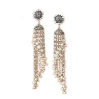 Oxidised Silver Jhumka Earrings for Women - Long Pearls Tassel Handmade Earrings for Girls