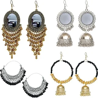 Pair Combo of Traditional Ethnic Oxidised Earrings - Mirror Big Silver Jhumka