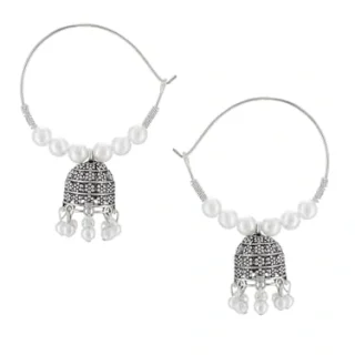 Studio Silver Oxidised White Pearl Hoop Jhumka Earrings for Women Girls