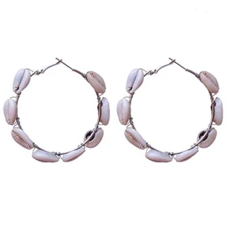 Stylish silver oxidised white sea shell big hoop earrings for girls women
