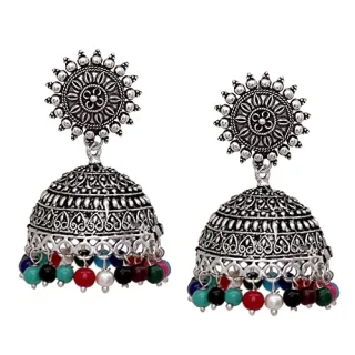 Sun Shape Lightweight With Mix Beads Silver Plating Oxidised Girls Jhumki Earrings