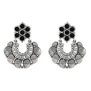 Tribal Style Inspired Silver Plated Black Stones Embedded Oxidized Dangle Earrings
