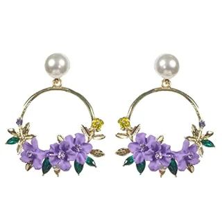 Women And Girls Crystal Pearl Flower Dangle Earrings