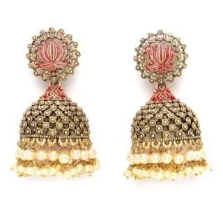 Antique Gold-Plated Sea Green Hand-Painted Pearl Floral Shape Jhumka Earrings