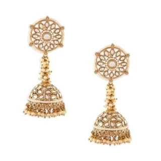 Antique Gold Tone Kundan Pearls Embellished Statement Jhumki Earring For Women-ZPFK18084