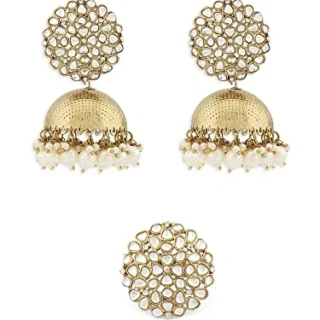 Antique Gold Tone Traditional Kundan Jhumki Earring Ring Set For Women-ZPFK13163