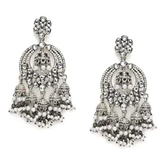 Antique Silver Tone Kundan Austrian Diamonds Jhumki Drops Earring For Women-ZPFK10164