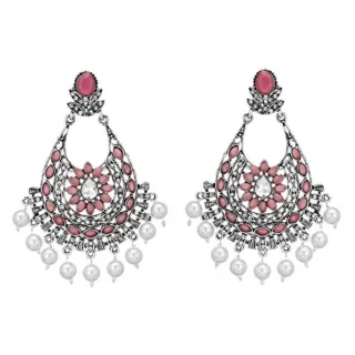 Designer Wedding Oxidized Silver Faux Pearl CZ Big Jhumka Jhumki Dangle Earrings for Women
