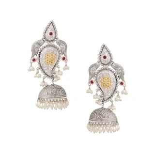 Earrings for Women - German Silver Big Jhumki, Traditional Silver Oxidised Jhumka Earrings