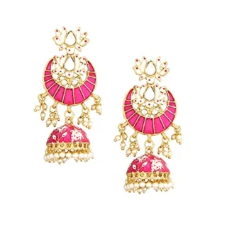 Ethnic Gold Plated Traditional Pink Meenakari Studded Stones Lotus Design Chandbali