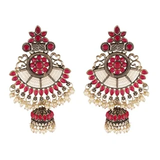 Fashion Bollywood Jewellery Wedding Stone Pearl Work Oxidised Victorian Chandbali Jhumka