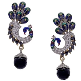 Fashion Earring Peacock shaped with Semi precious Black Green Stones-AVHJ522
