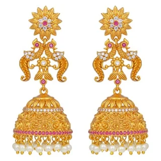 Gold Plated CZ Pearl Floral Peacock Jhumka Jhumki Earrings for
