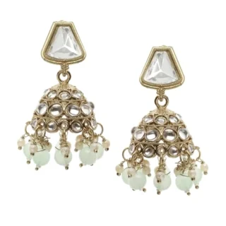 Gold-Plated Kundan Pearls Studded Dome Shaped Mirror Jhumka Earrings for Girls