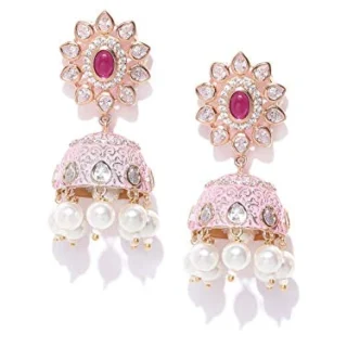 Gold-Plated with Cubic Zirconia Traditional Earrings for Women - Pink And Maroon