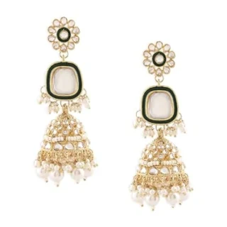 Gold Tone Beaded Kundan Ethnic Jhumkas Earring For Women-ZPFK16589