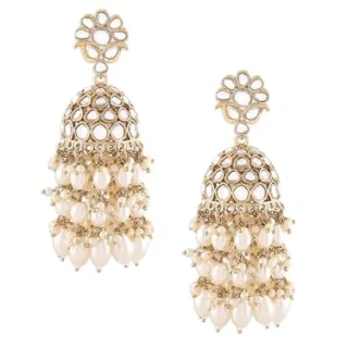 Gold Tone Kundan Cluster Pearl Drop Traditional Jhumka Earring For Women-ZPFK16735