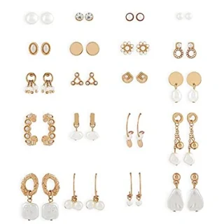 Gold Tone Set Of 20 Contemporary Pearls Drop - Studs Hoop Earrings