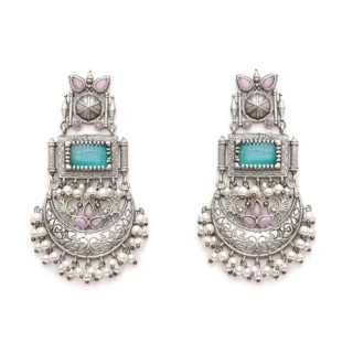 Green Silver Oxidised Stones Beads Traditional Dangler Jhumka Earrings