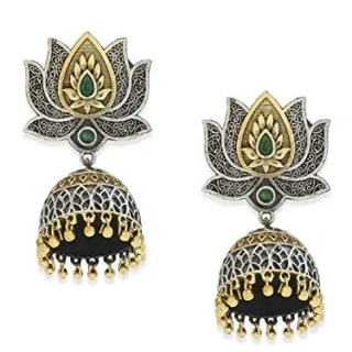 Jewellery German Silver Oxidised Gold Dual Tone Lotus Floral Green Stone Large Ethnic