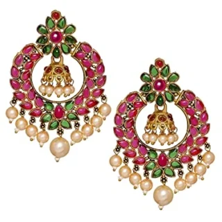 Jewellery Red Green Kemp Stone Pearls Floral Design Large Jhumka Chandbali Earrings
