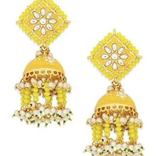 Jewellery Yellow Meenakari Enamel Floral Long Pearl Tassel Ethnic JhumkaJhumki Earrings