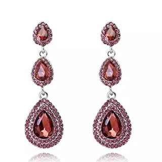 K Gold Plated Water Drop Dark Red Rose Color Rhinestone Crystal Dangle and Drop Earrings