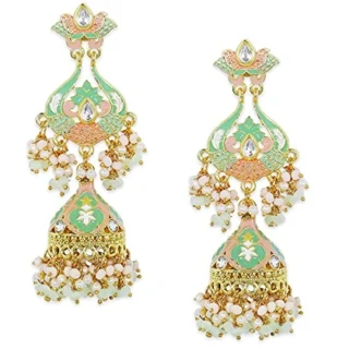 OOMPH Jewellery Green Pink Meenakari Enamel Kundan Ethnic Long JhumkaJhumki Earrings for