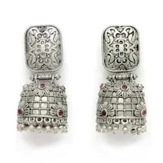 Oxidised Silver-Plated Pink Stone Dome Shaped Traditional Jhumka Earrings for Women