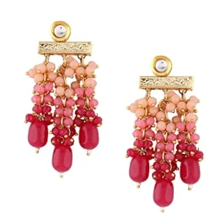 Pink Cluster Beads Drop Kundan Dangle Yellow Gold Earring For Women-ZPFK13728