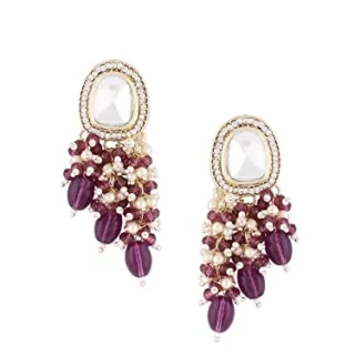 Purple Cluster Beads Embellished Kundan Traditional Drop Earring For Women-ZPFK15637