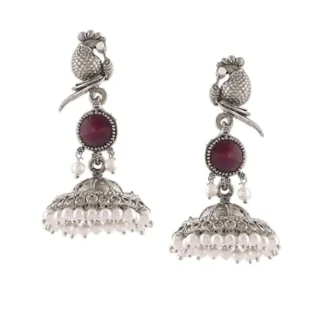 Purple Peacock Silver Oxidised Stones Beads Traditional Jhumki Earring For Women-ZPFK16699