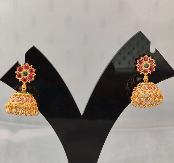 ruby emerald Medium size jhumki EARRINGS Push type opening one gram gold for women no.819