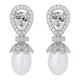 Silver Zircon Pearl Drop Earrings - Gifts for Girlfriend, Gifts for Women