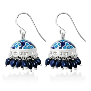Sterling Silver Antique Jhumki earrings with multi enamel Meena - With